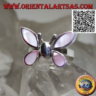Anello in argento a forma di farfalla con ali di madreperla rosa