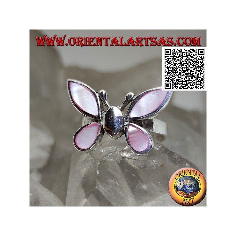 Bague en argent en forme de papillon avec des ailes en nacre rose