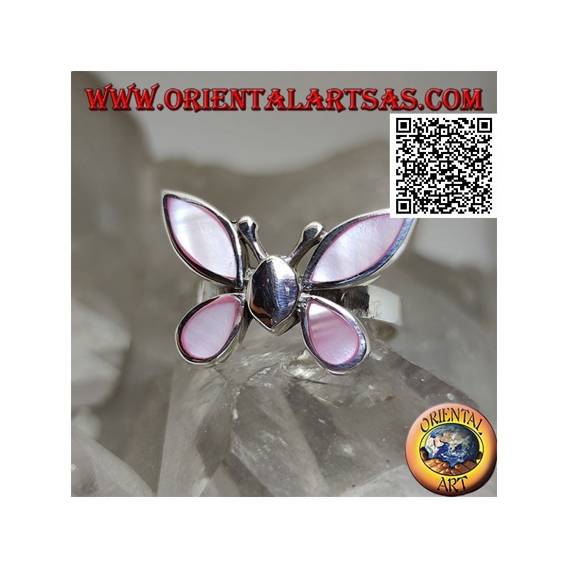 Silberring in Form eines Schmetterlings mit rosa Perlmuttflügeln