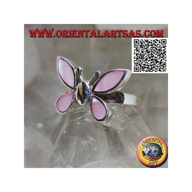 Anillo de plata en forma de mariposa con alas de nácar rosa