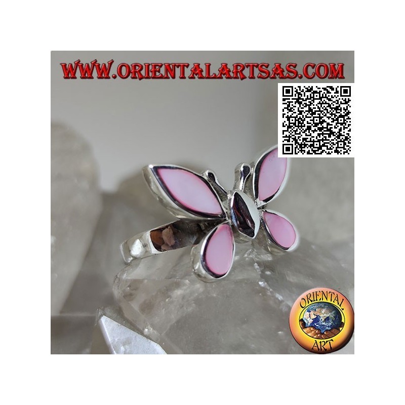 Anello in argento a forma di farfalla con ali di madreperla rosa