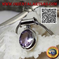 Silver pendant with a splendid oval faceted natural amethyst on a smooth setting and movable tubular hook