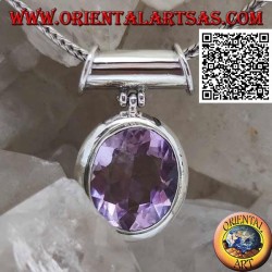 Silver pendant with a splendid oval faceted natural amethyst on a smooth setting and movable tubular hook