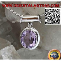 Silver pendant with a splendid oval faceted natural amethyst on a smooth setting and movable tubular hook