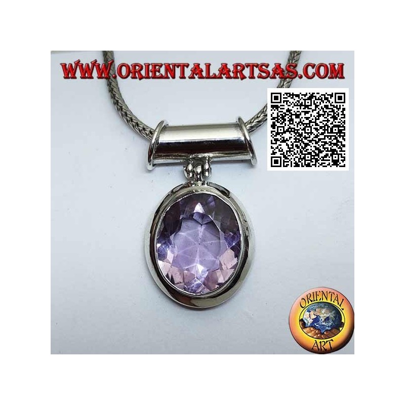 Silver pendant with a splendid oval faceted natural amethyst on a smooth setting and movable tubular hook