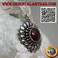 Silver pendant with round carnelian surrounded by balls and alternating smooth drops