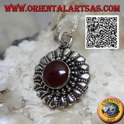 Silver pendant with round carnelian surrounded by balls and alternating smooth drops
