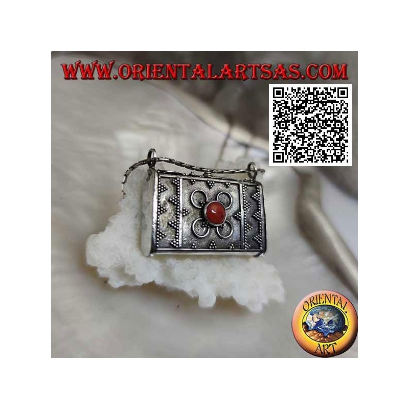 Silver box pendant in the shape of a handbag with embossed decorations and central Tibetan coral