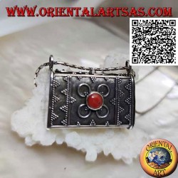 Silver box pendant in the shape of a handbag with embossed decorations and central Tibetan coral
