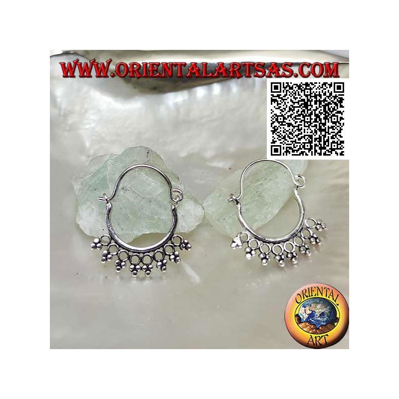 Silver earring, circle with circles and trio of balls and 14 mm bow closure