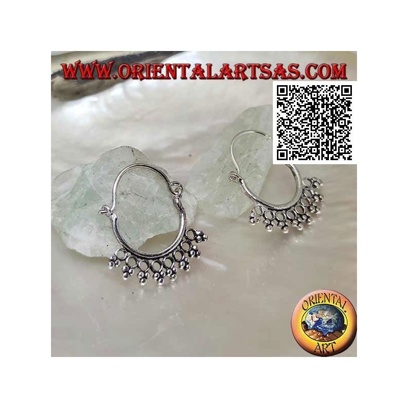 Boucle d'oreille en argent, cercle avec cercles et trio de boules et fermeture noeud 14 mm