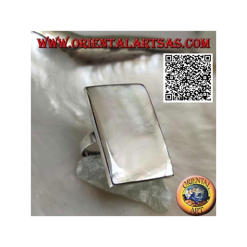 Silver ring with rectangular mother-of-pearl with smooth edge (adjustable)