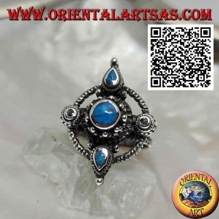 Silver ring with round and teardrop turquoise cross on a circle