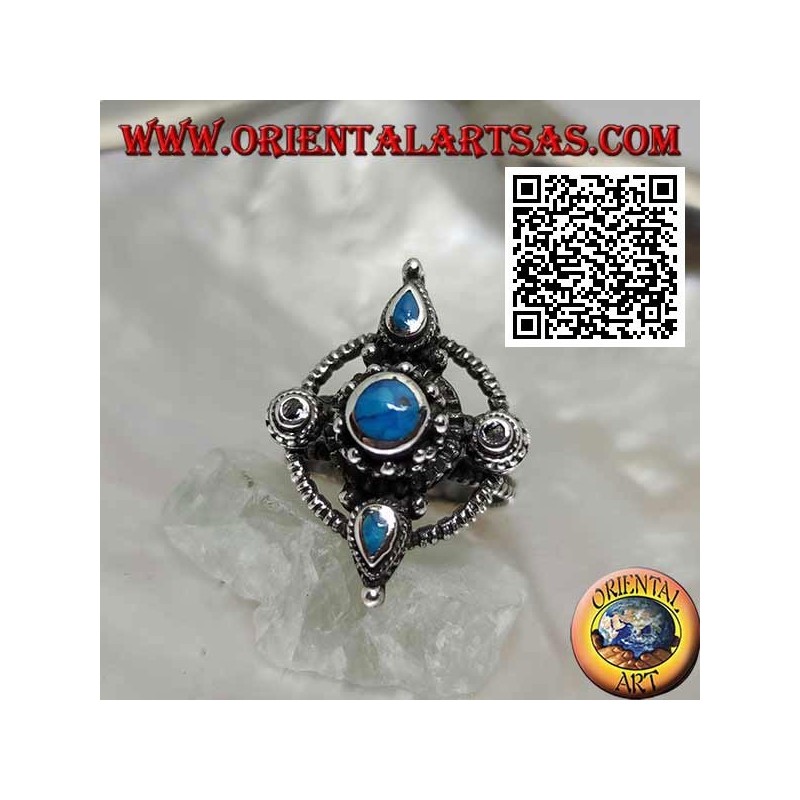 Anello in argento con croce di turchesi tondi e a goccia su cerchio 