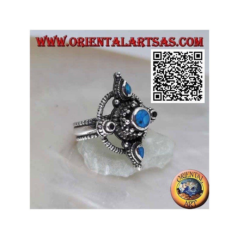 Anello in argento con croce di turchesi tondi e a goccia su cerchio