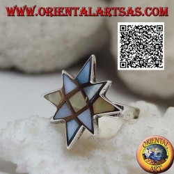 Silver ring in the shape of a wind rose with multicolor mother of pearl with smooth edge
