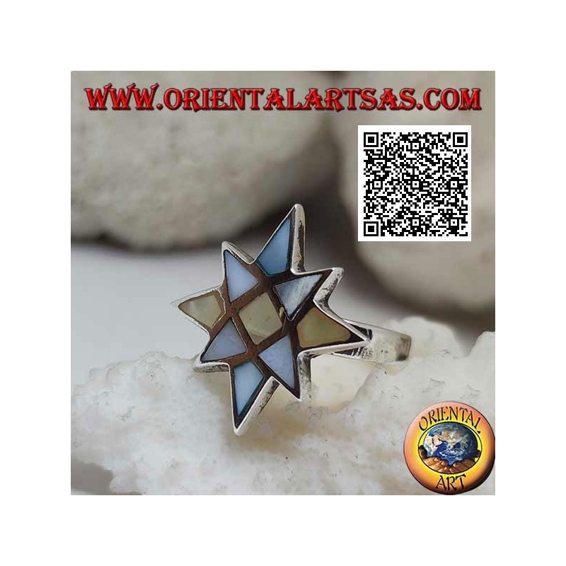 Silver ring in the shape of a wind rose with multicolor mother of pearl with smooth edge