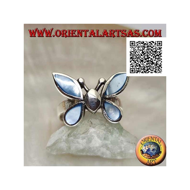 Silver ring in the shape of a butterfly with blue mother-of-pearl wings