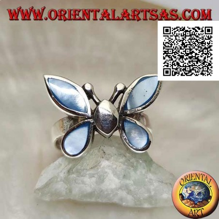 Bague en argent en forme de papillon avec des ailes en nacre bleue