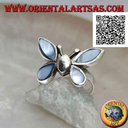 Silver ring in the shape of a butterfly with blue mother-of-pearl wings