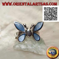 Silver ring in the shape of a butterfly with blue mother-of-pearl wings