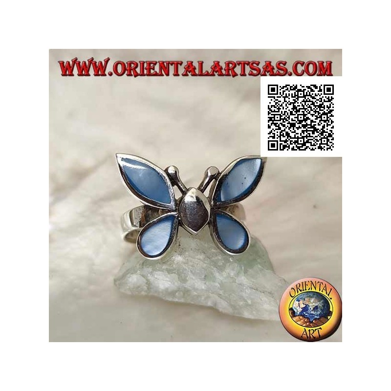 Silberring in Form eines Schmetterlings mit blauen Perlmuttflügeln