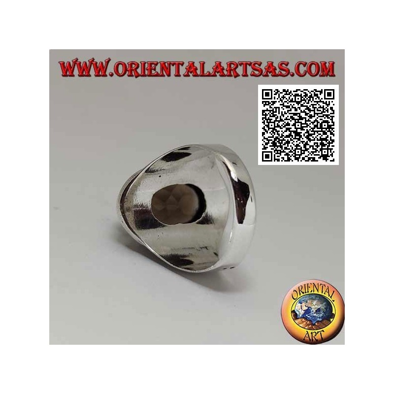 Silver ring with oval faceted smoky topaz surrounded by interweaving and hexagon of balls on the sides