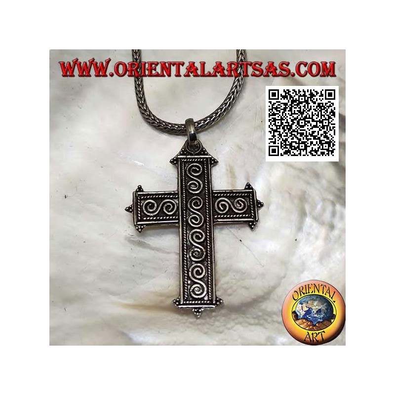 Silver Latin cross pendant with S-shaped spirals in bas-relief and ball ends