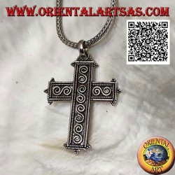 Silver Latin cross pendant with S-shaped spirals in bas-relief and ball ends