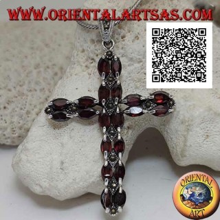 Silver Christian cross pendant with two rows of shuttle garnets and marcasite between them