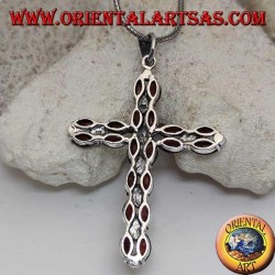 Silver Christian cross pendant with two rows of shuttle garnets and marcasite between them