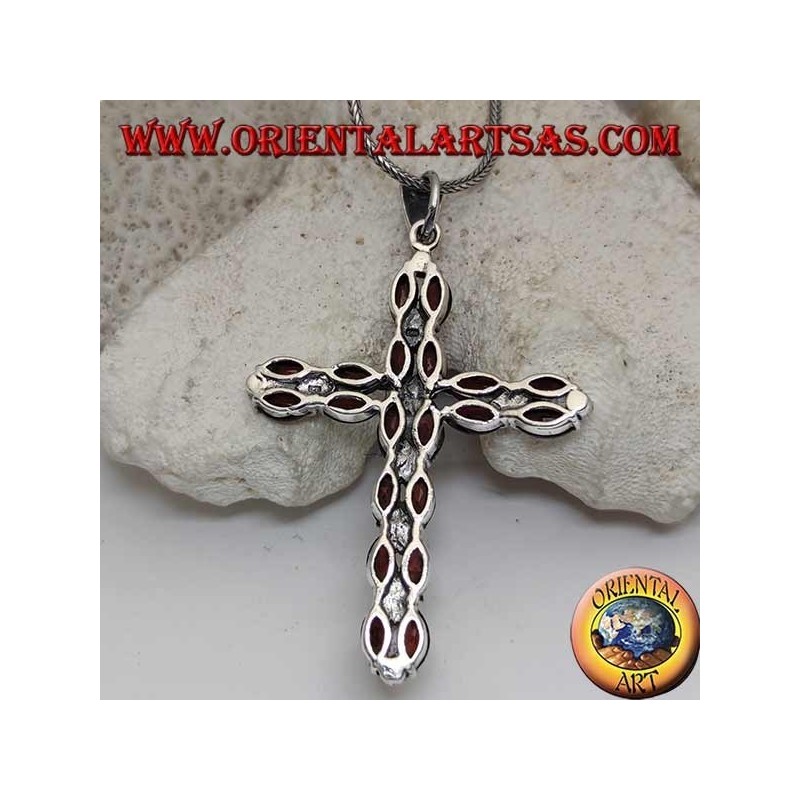 Ciondolo in argento croce cristiana con due file di granati a navetta e marcassite tra essi