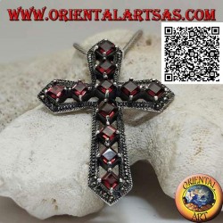 Silver pendant Christian cross with natural rhomboid garnets set and frame with maracssites