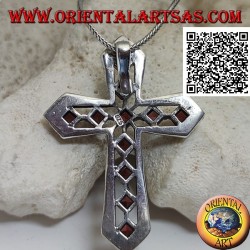 Silver pendant Christian cross with natural rhomboid garnets set and frame with maracssites
