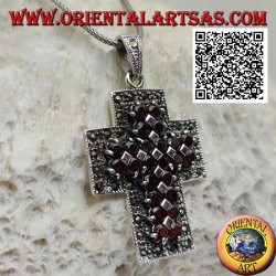 Silver Christian cross pendant with wide arms with two rows of natural round garnets surrounded by marcasite