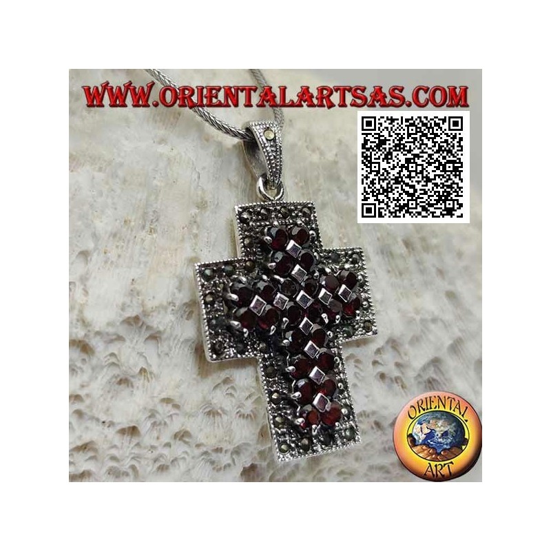 Silver Christian cross pendant with wide arms with two rows of natural round garnets surrounded by marcasite