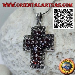 Silver Christian cross pendant with wide arms with two rows of natural round garnets surrounded by marcasite