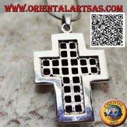 Silver Christian cross pendant with wide arms with two rows of natural round garnets surrounded by marcasite