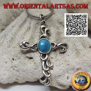 Tribal style Latin cross silver pendant with central oval turquoise