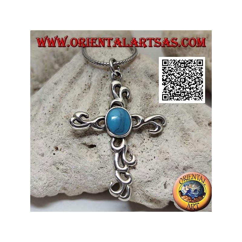 Pendentif croix latine en argent de style tribal avec ovale central turquoise