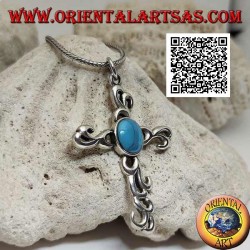 Colgante de plata de cruz latina estilo tribal con turquesa ovalada central