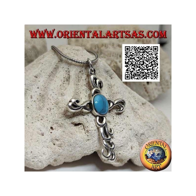 Tribal style Latin cross silver pendant with central oval turquoise