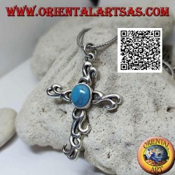 Colgante de plata de cruz latina estilo tribal con turquesa ovalada central