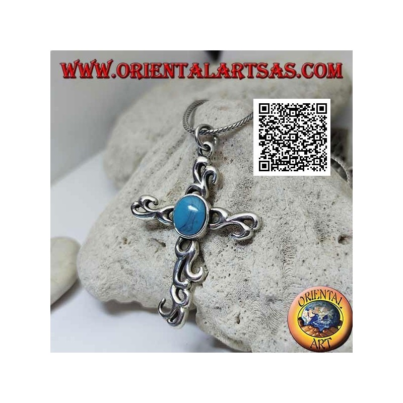 Ciondolo in argento croce latina in stile tribale con turchese ovale centrale