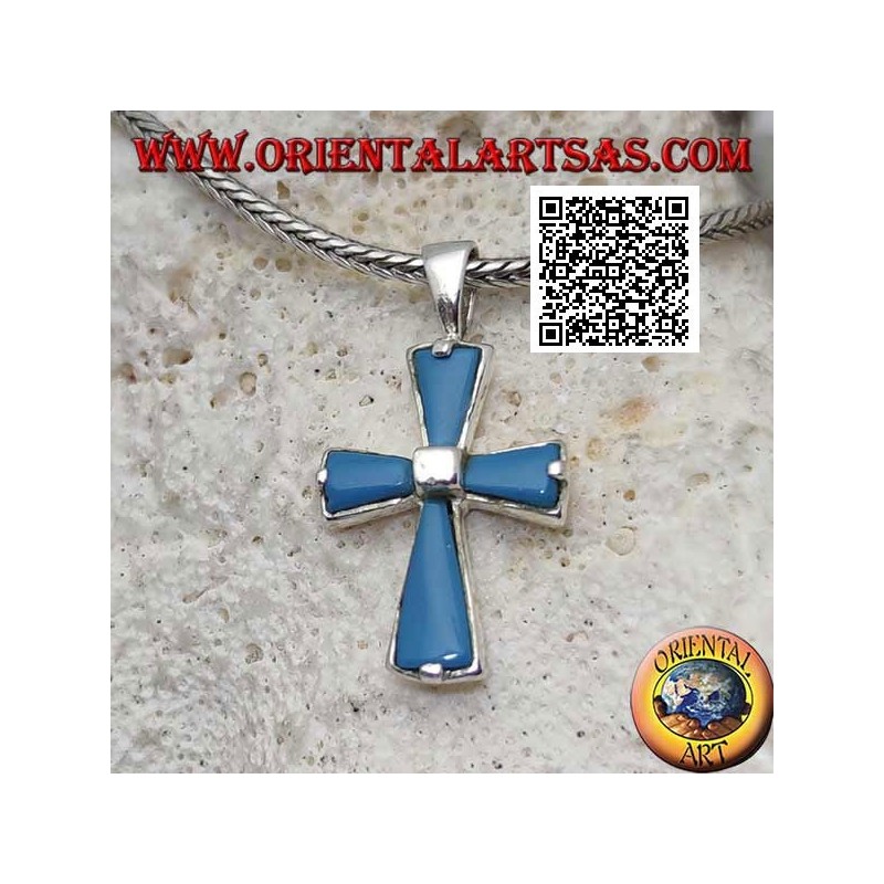 Silver cross pendant with turquoise arms and central square in silver