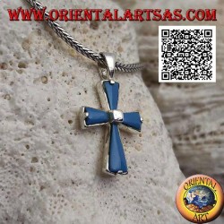 Silberkreuzanhänger mit türkisfarbenen Armen und zentralem Quadrat in Silber