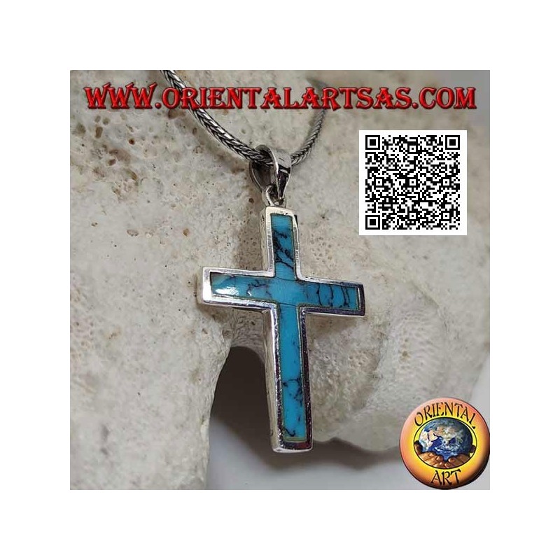 Ciondolo in argento a forma di croce latina liscia con turchese a filo bordo