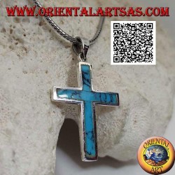 Silver pendant in the shape of a smooth Latin cross with turquoise at the edge