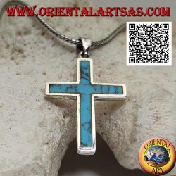 Silver pendant in the shape of a smooth Latin cross with turquoise at the edge