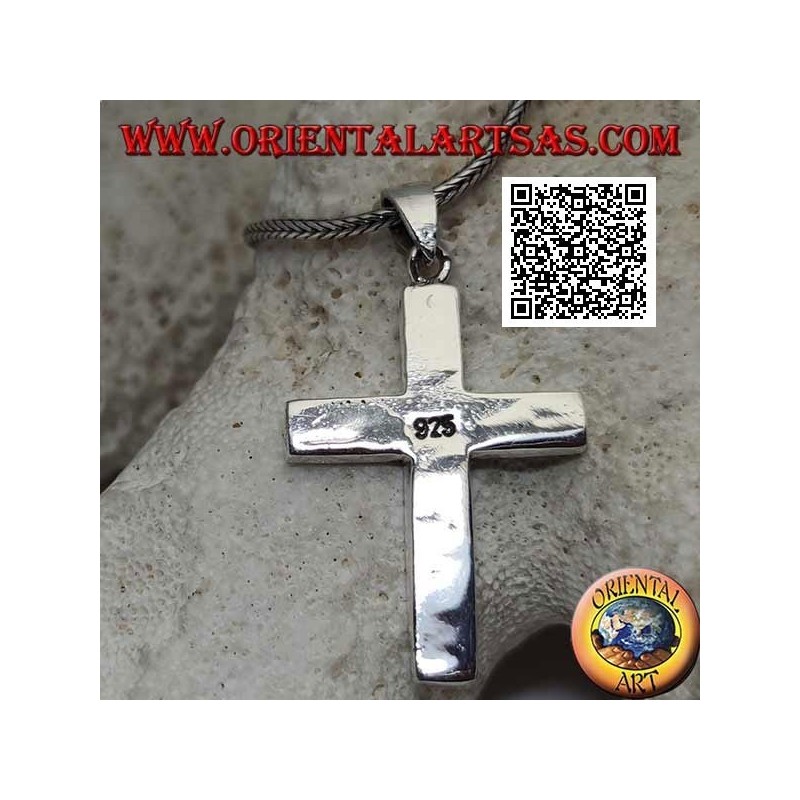 Silver pendant in the shape of a smooth Latin cross with turquoise at the edge